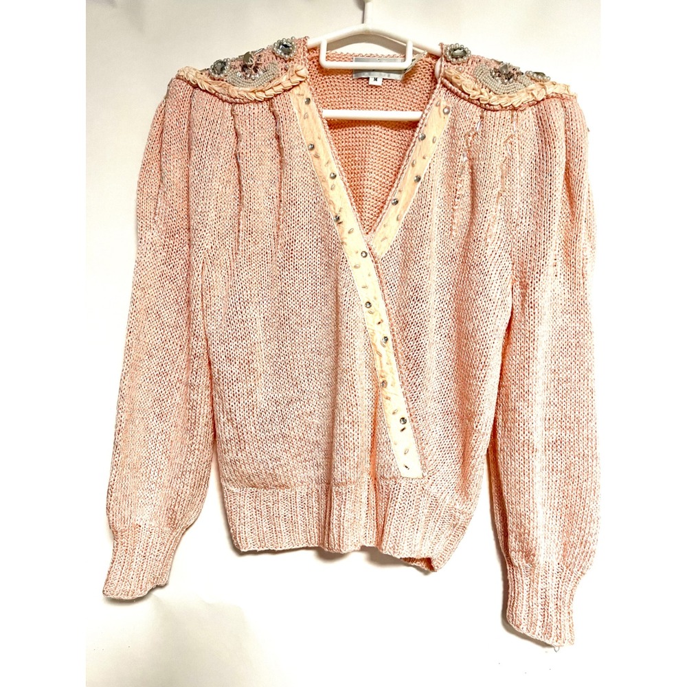 Vintage 80s Beaded Embellished Wrap Sweater Peach Pink Pearl Rhinestone Medium
